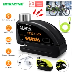 Extractme Motorcycle Disc Lock Anti-theft Bicycle Rechargeable Alarm 120dB Loud Bike Wheel Padlock Safety Motorcycle Alarm Lock