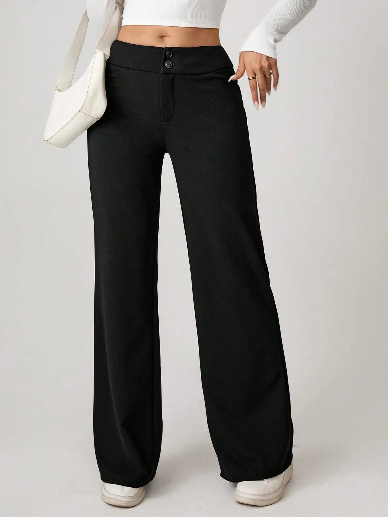 

High Rise Wide Leg Straight Pants with Double Button Waist