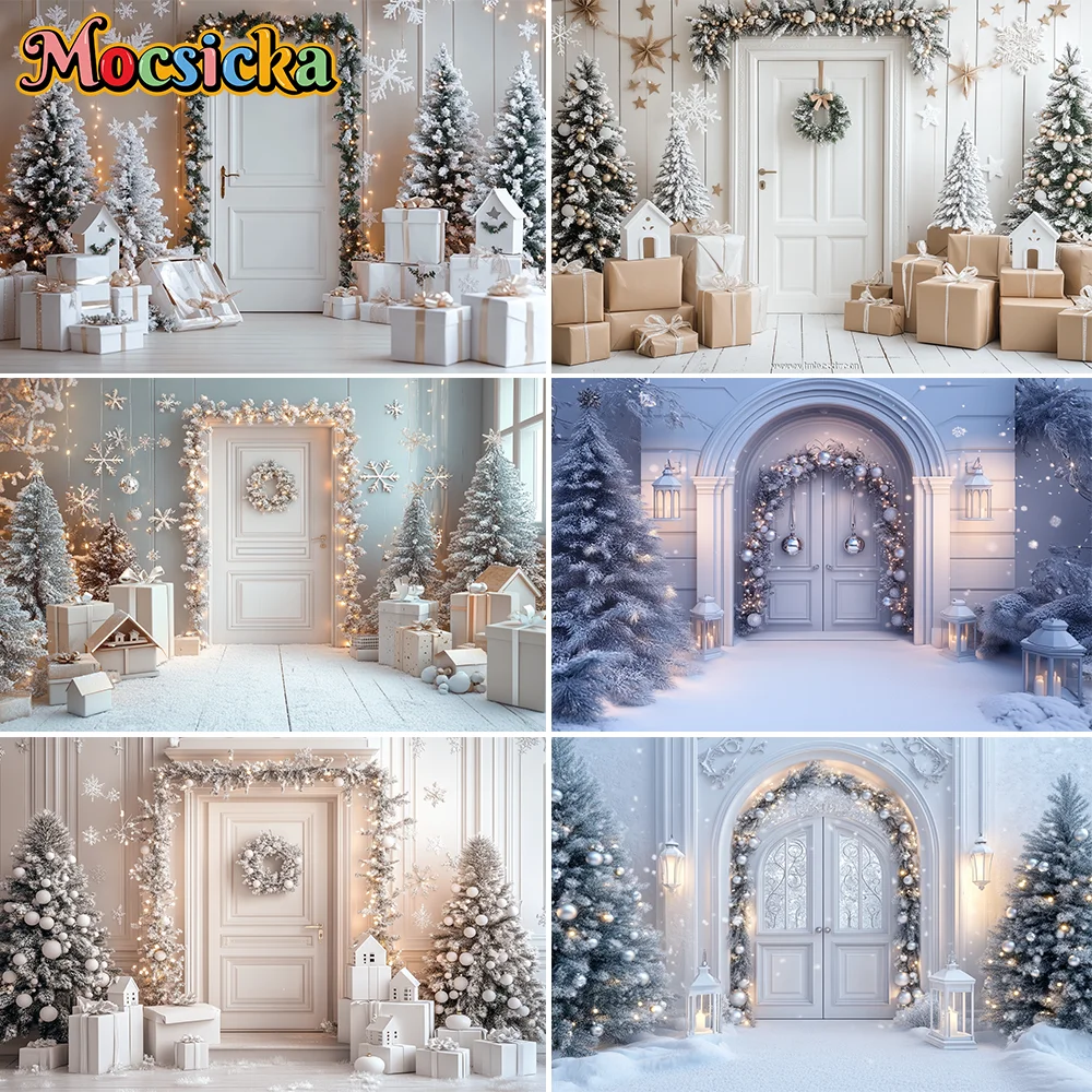 

Mocsick Snow Winter Christmas Tree Old Brick Fireplace Background 2025 Pine Balls Wreath Gifts Photography Photo Studio Backdrop