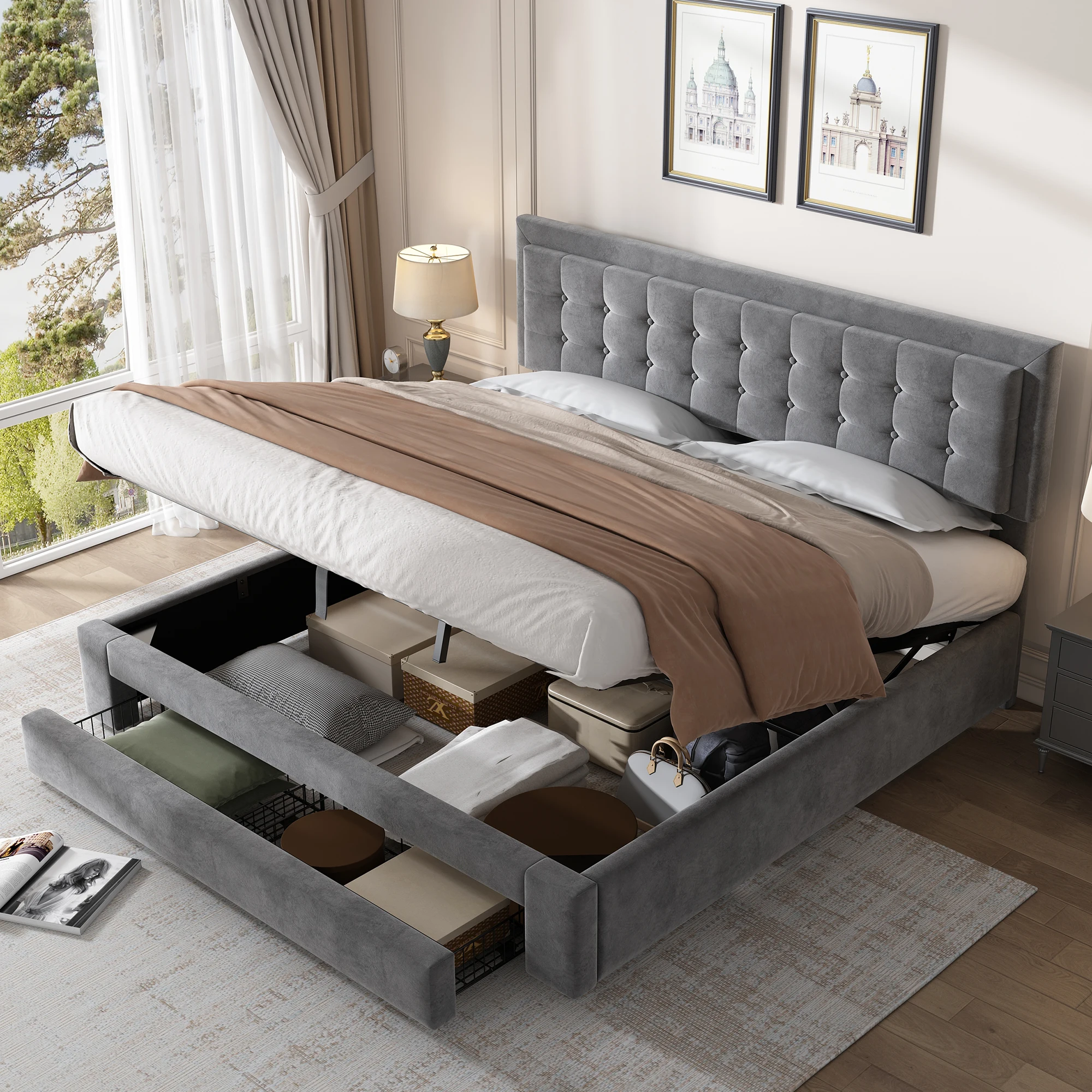 Lit coffre 180x200 cm - Lit coffre hydraulique avec 2 tiroirs et sommier à lattes - Velours - Sans matelas - Gris