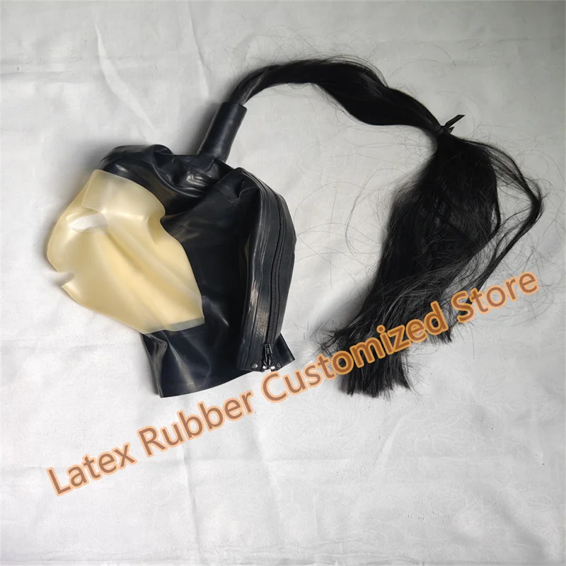 

Latex Mask Rubber Unisex Hood with Wig Black with Transparent Rubber Fetish Mask Latex Headgear Sexy Cosplay Accessaries