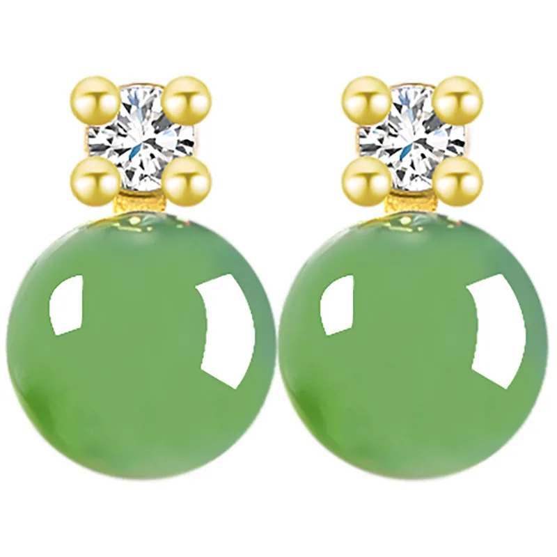 Spinach Green Natural Old Material Hotan Jade Nephrite 6mm Round Bead Earrings for Women Genuine S925 Silver-Plated Jade Studs