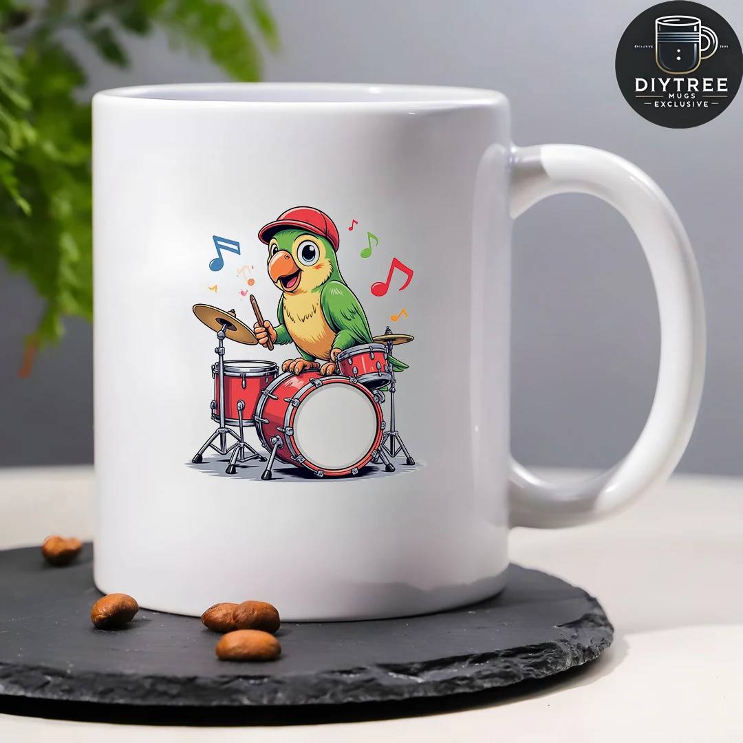 Taza de baterista de loro de dibujos animados, taza de bebida fría y caliente para niños de 11OZ, regalo de Navidad para oficina familiar