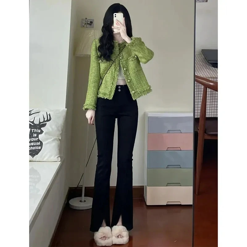 2023 New Autumn Winter Korean Single-Breasted Short Tweed Coat Women Long Sleeve Vintage Green Casual Jackets Female Outerwear