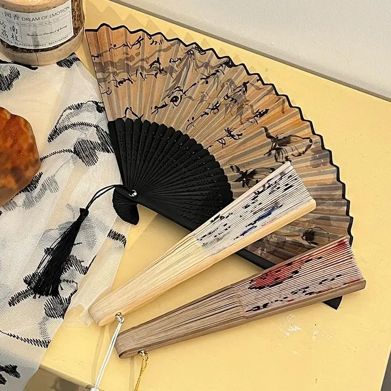 New Silk Chinese Japanese Folding Fan Bamboo Colorful Shank Classical Dance Fan Tassel Elegent Female Fan Home Decoration