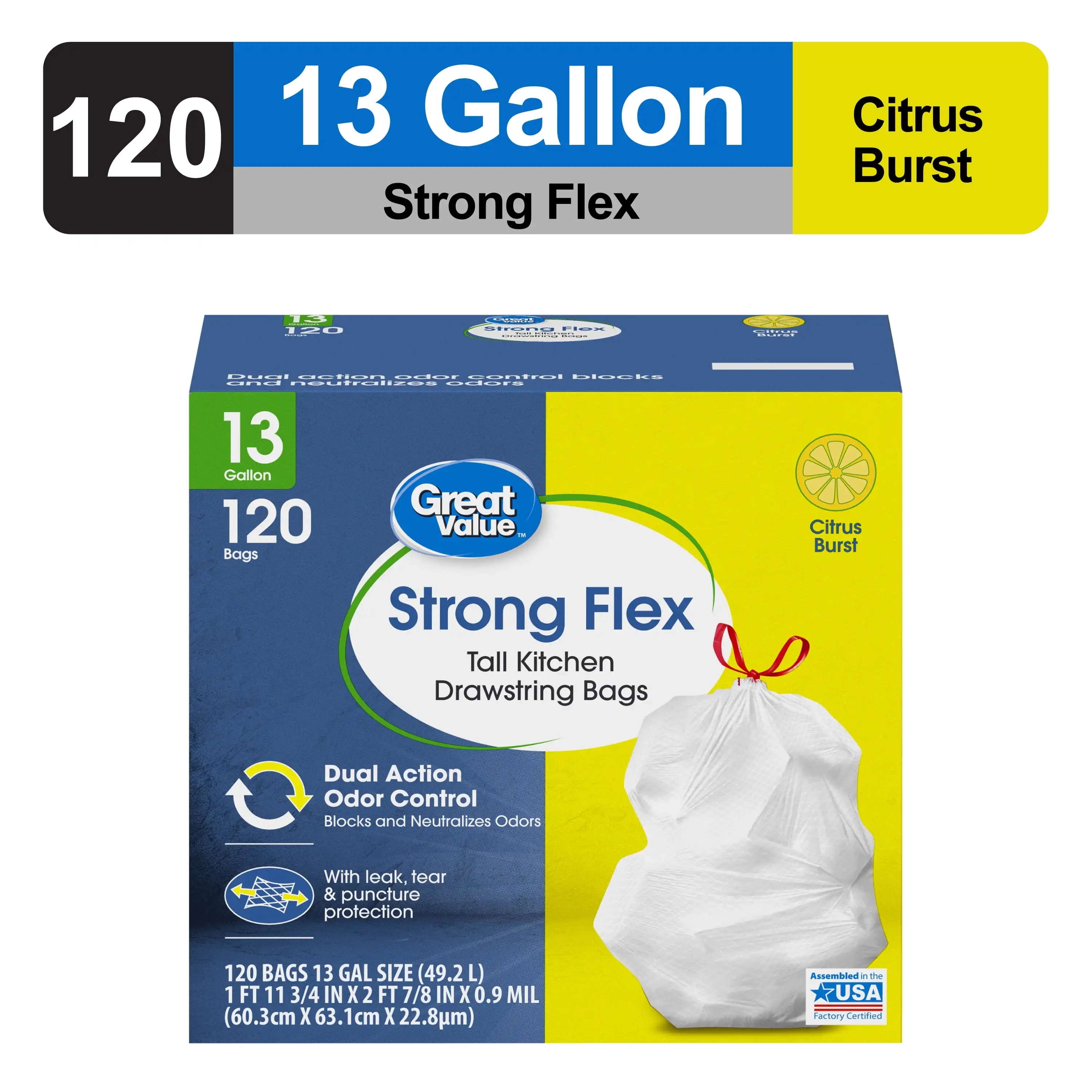 Strong Flex Tall Kitchen Drawstring Trash Bags, Citrus Burst, 13 Gallon, 120 Count Flexible strength resists heavy garbage