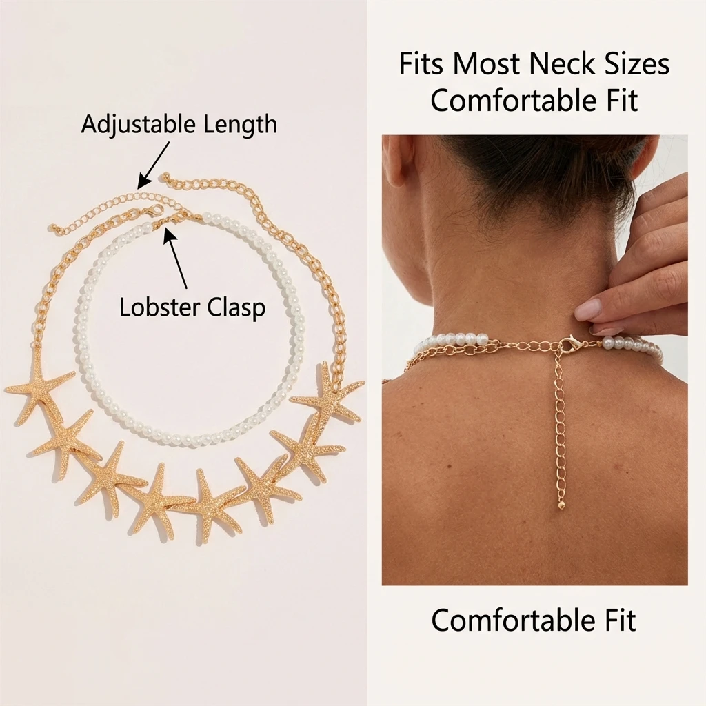 Übertriebene Seestern-Kettenkette für Damen, Bohemian-Stil, Imitationsperlen, Doppellagiger Choker, Trendiger Schmuck für Strandpartys und Urlaub – Detail 4