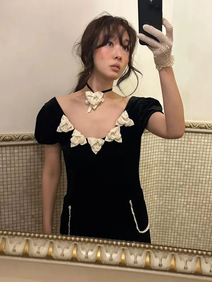 

Fletta Velvet Dr with 3D Flower Decoration High Waist A-Line Skirt ort Sve Women's Faion Commute Sle Par Dr