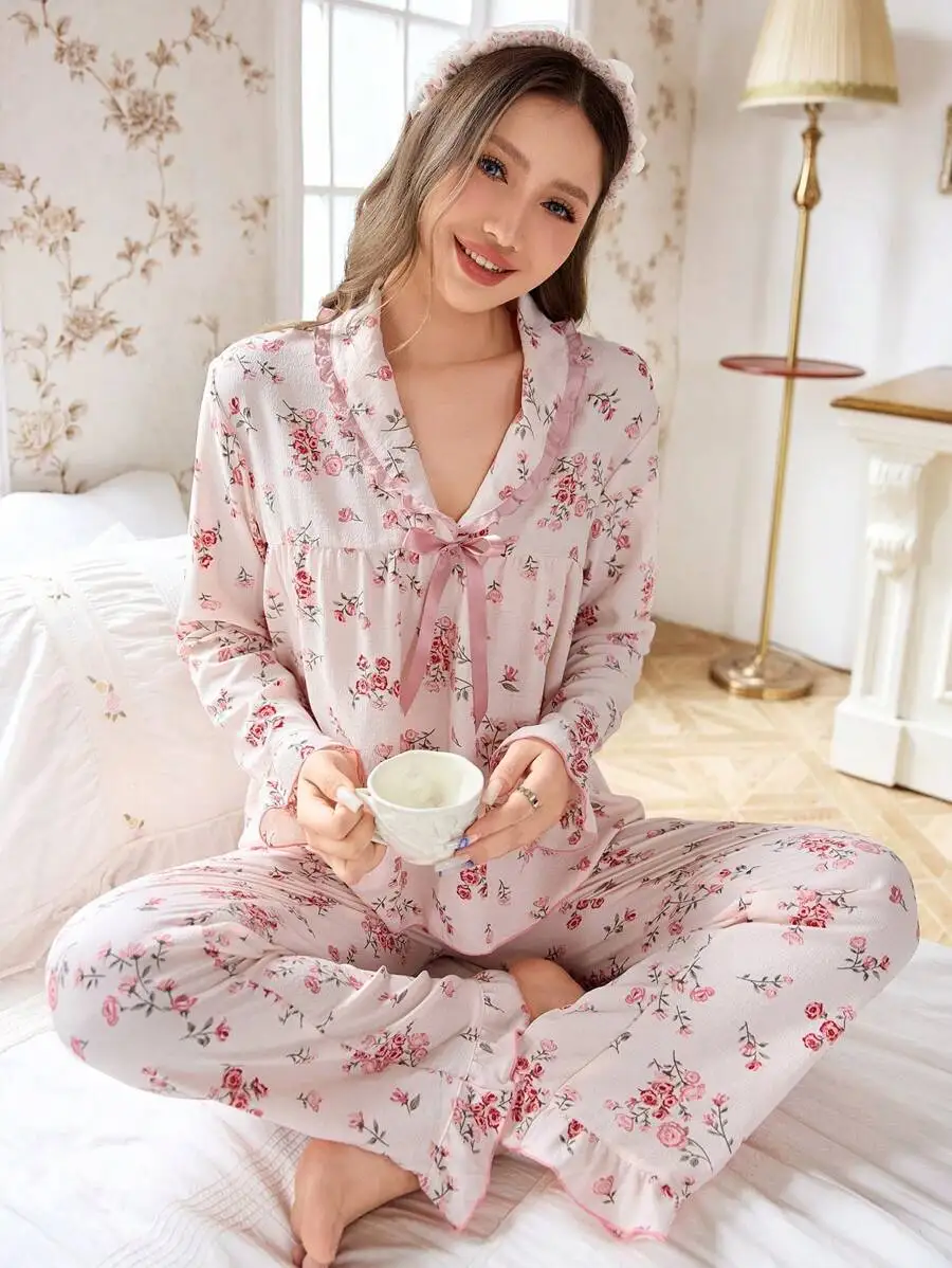 

Womens Floral Print Bowknot Pajama Set With V-Neck Top And Full Length Pants