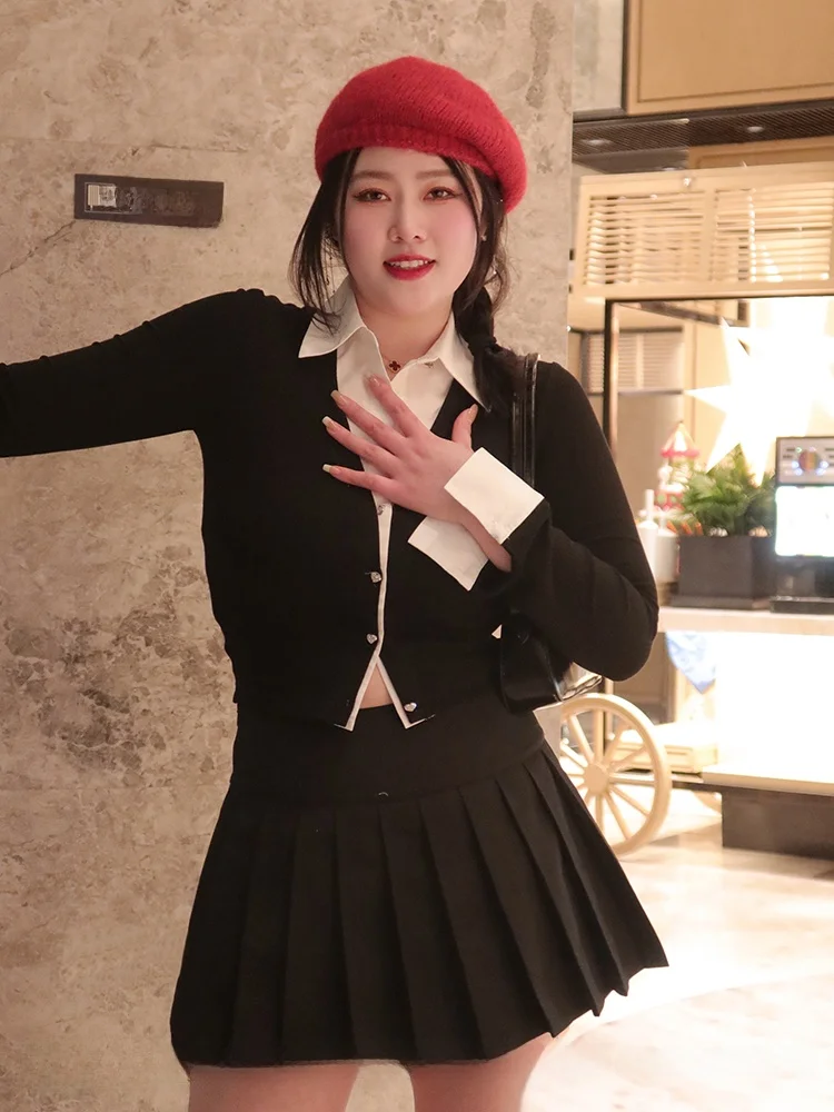 

College Style Knitted Shirt Pleated Skirt plus Size Slimming Spring Fashion Set for Freshmen Big Honey CC Chili Sister