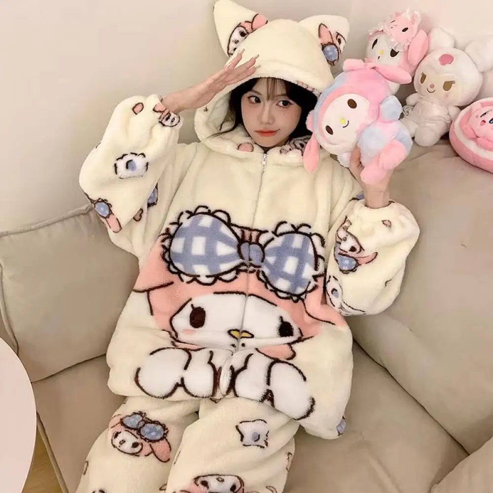 

Kawaii My Melody Anime Women Plush Pajamas Suit Hello Kitty Coral Fleece Sanrio Kuromi Thickened Nightgown Winter Warm Homewear