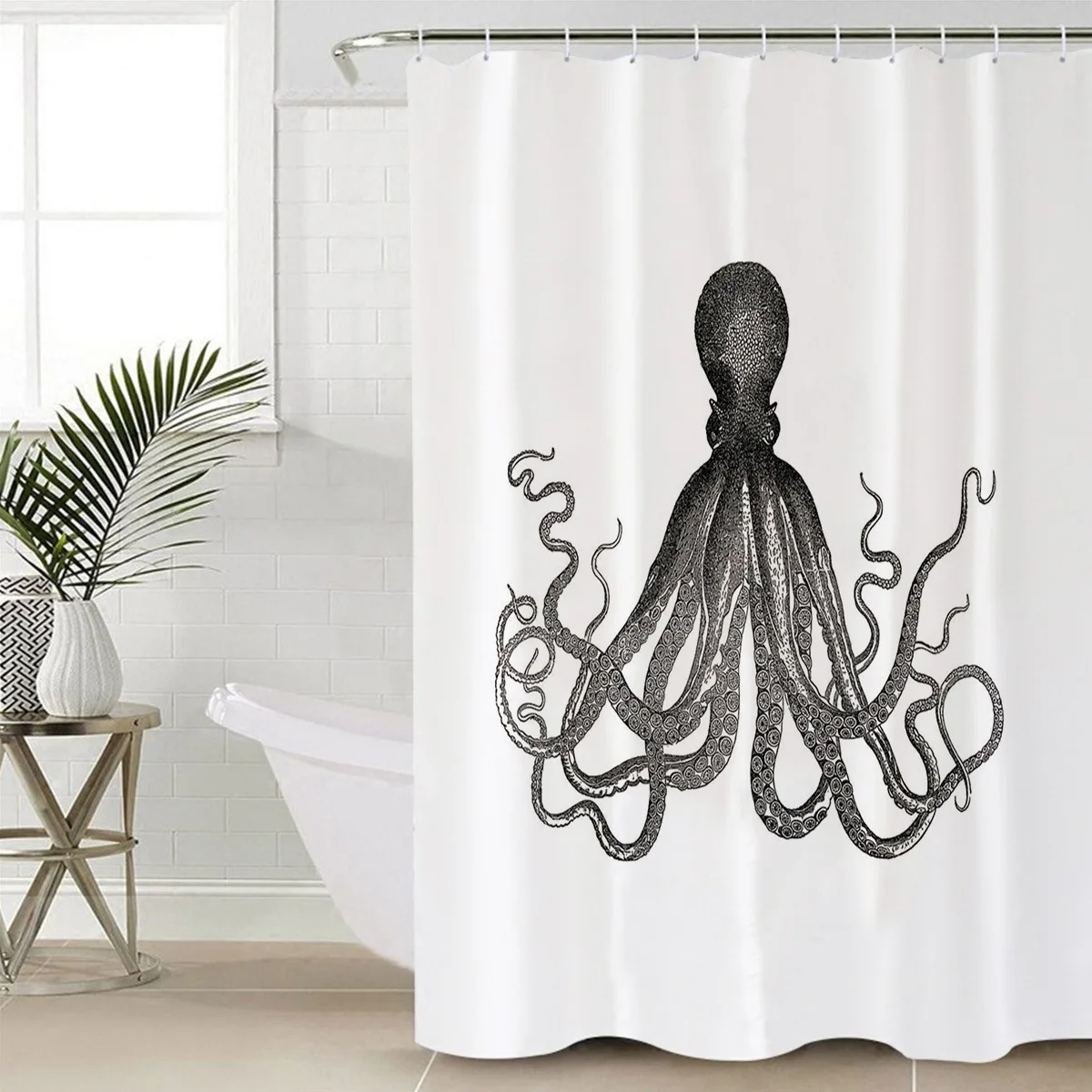 Personalized Octopus Shower Curtain 3D Black and White Mystery Natural Deep Sea High-end Thickened Bathroom Curtains Sets Hooks