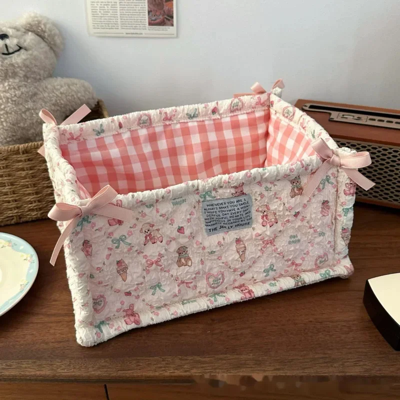 

Cute Quilting Cotton Storage Box Bear Pattern High-capacity Desktop Storage Basket Cartoon Square Storage Frame Home Decoration