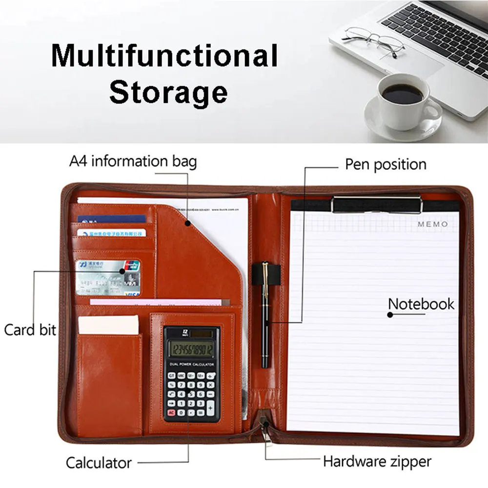 Imagem -02 - Couro Pasta Portfolio com Calculadora Prancheta a4 Padfolio Organizador do Documento Pastas com Zíper Arquivo Maleta Business