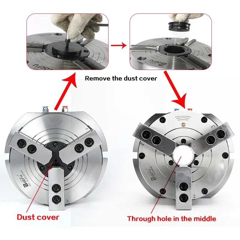 4 Inch 3 Jaws Hollow pneumatic chuck vertical air chuck hole diameter 23mm for drilling machine and milling machine platform