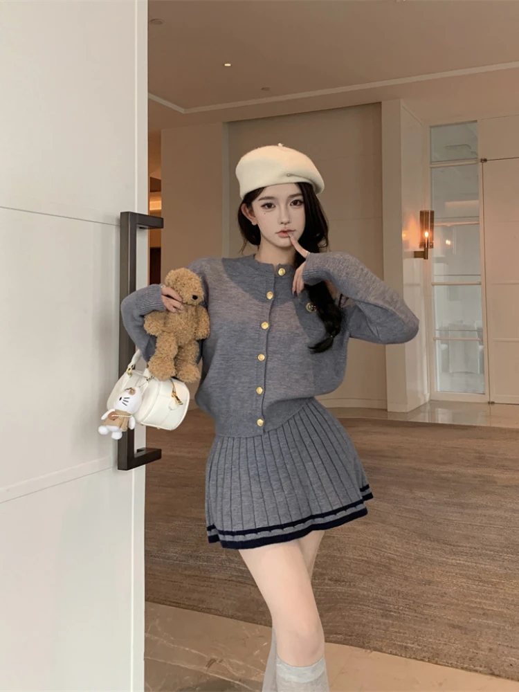 Autumn Spring red set women's single breasted long sleeved sweater knitted cardigan short skirt two-piece set 2025 New Spring