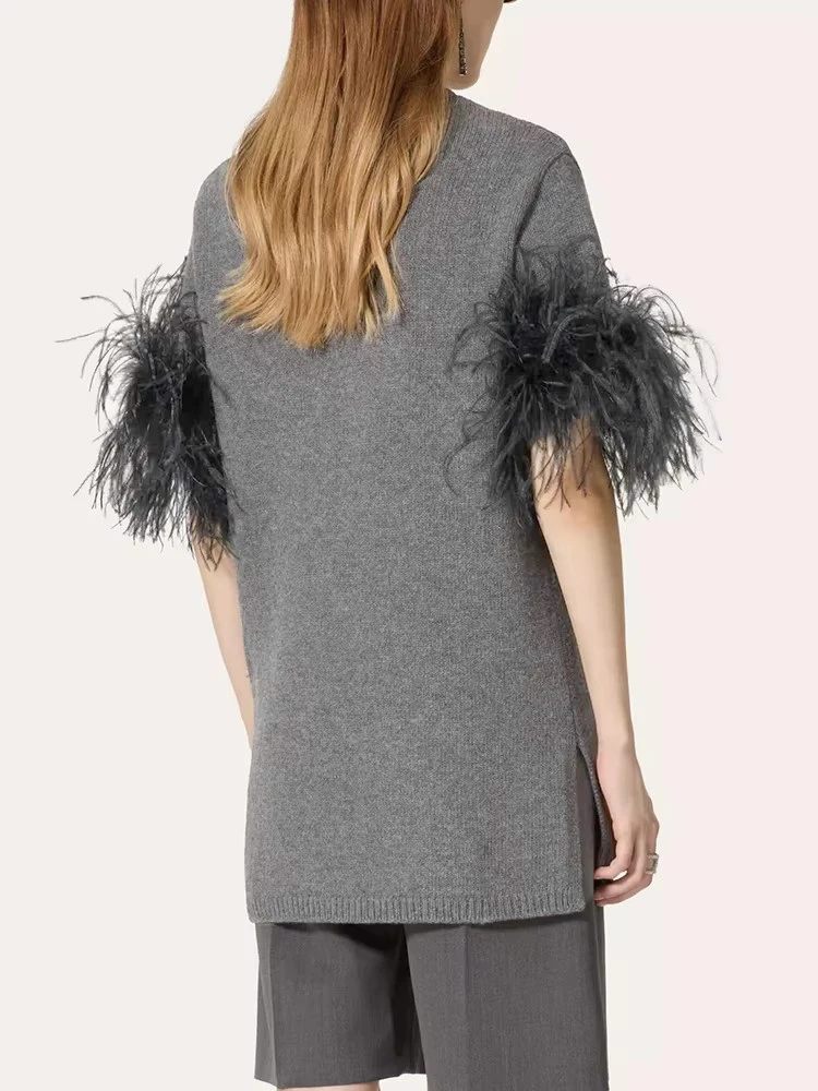 TWOTWINSTYLE Solid Patchwork Feathers Chic Sweater For Women O Neck Short Sleeve Temperament Loose Knitwear Female Fashion New