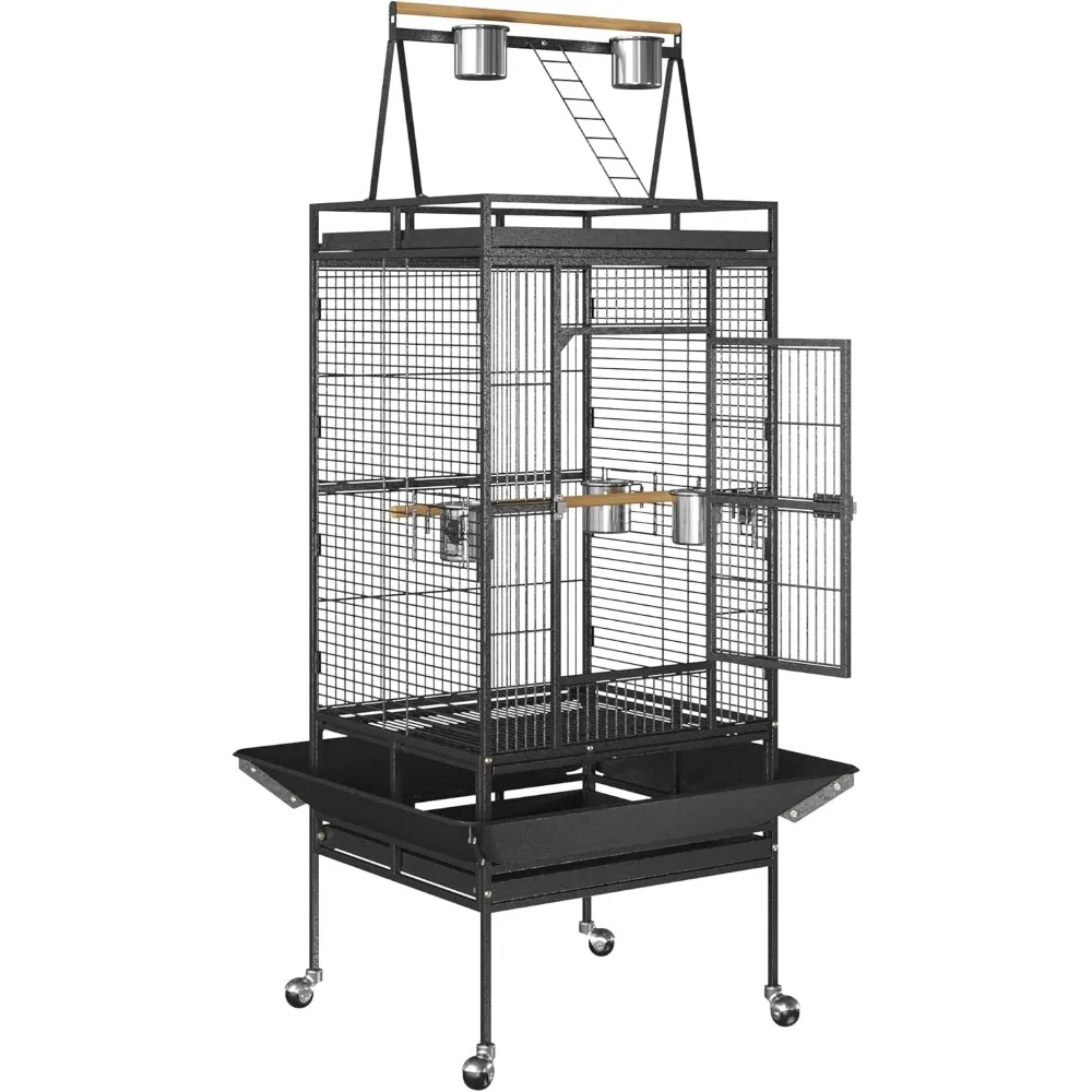 68-Inch Birdcage, Playtop Parrot Cage, Wrought Iron Bird Cage with Rolling Stand, Heavy-Duty Pet Bird House for Parrot