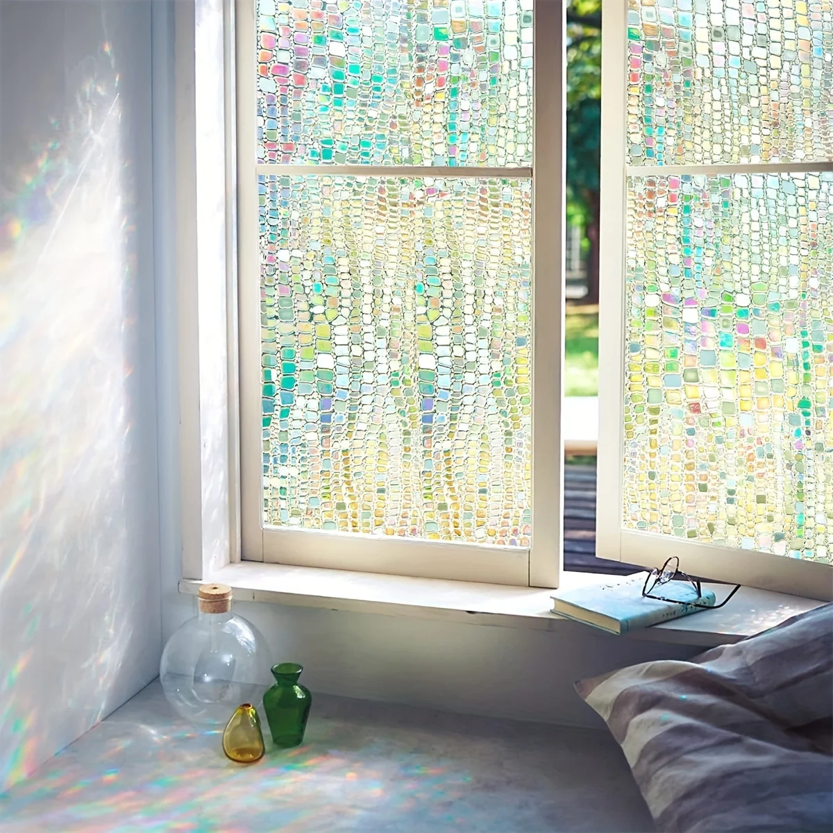 Crocodile Pattern Privacy Window Film Roll Static Cling Rainbow UV Block Heat Block for Living Room Bedroom Home