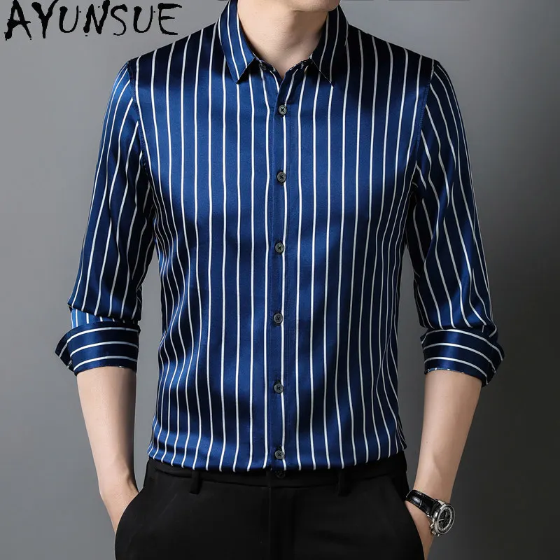 AYUNSUE New 93% Real Mulberry Silk Shirts for Men Spring Summer 2026 High Quality Satin Tops Fashion Striped Shirt Man Clothing