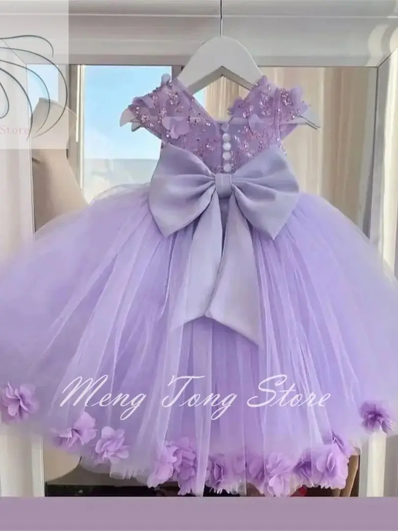 Flower Girl Dress For Wedding Puffy Applique Light Purple Tulle With Bow Cute Kids Birthday Ball Gown First Communion Dress