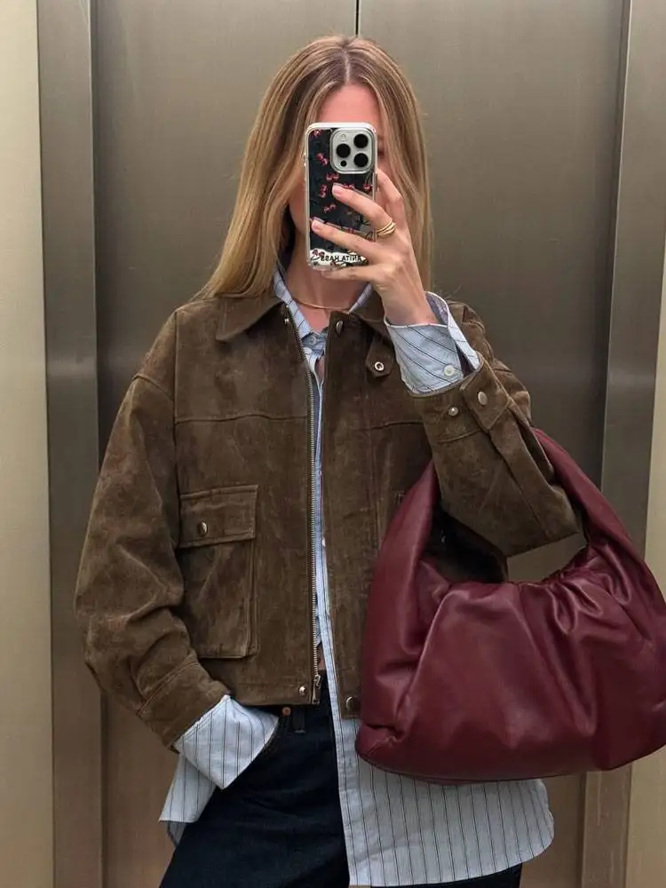 

HH винтажная женская замшевая укороченная куртка, осень 2022, женская куртка-бомбер с рукавами и молнией, отложным воротником и карманами, пальто-бомбер, верхняя одежда
