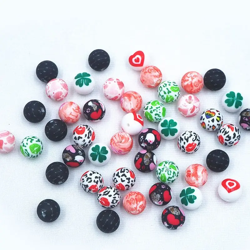 Chenkai 10PCS Valentine's Day Print Focal Beads For Pen Beadable Pen Silicone Charms Character Beads For Pen Pacifier Making