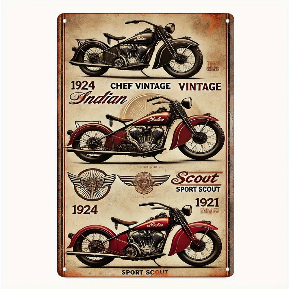 High-Definition  Tin Sign Featuring a Classic Motorcycle for Vintage Exhibition Theme, Perfect Home Decor. This Art Is