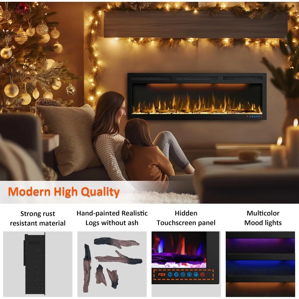 Chimenea eléctrica de 45 pulgadas, calentador de chimenea empotrado y montado en la pared y inserciones lineales para chimenea, con temporizador, control remoto