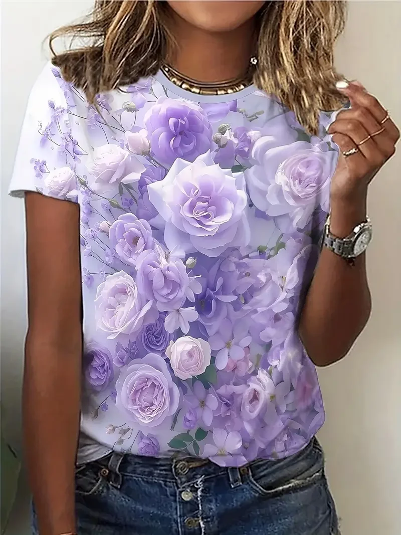 Women's T-Shirt Purple Flowers Print Summer Casual Round Neck Short Sleeve Top Outdoor Fashion Female Oversized T-shirts
