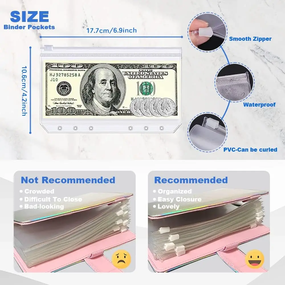 2024 laser Budget Binder Zipper Envelopes Organizer Cash Envelopes for Budgeting Saving Money A6 Planner 6 Pockets Accessories