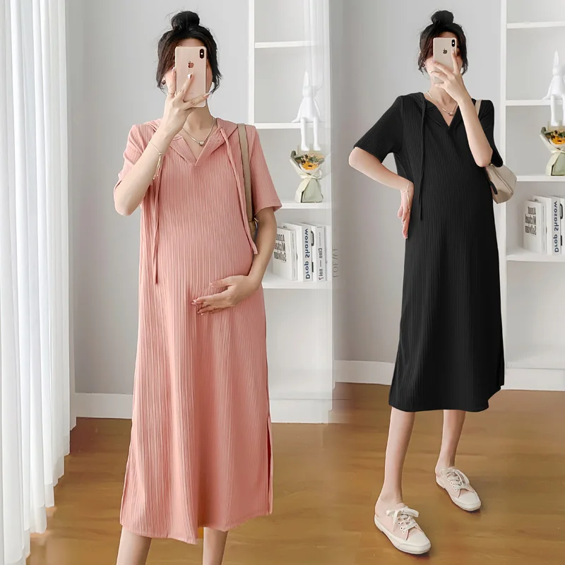 

Korean Style Maternity Summer Knitted Dress Short Sleve Hooded Pregnant Woman Straight Dress Side Split Pregnancy Dobby Dress