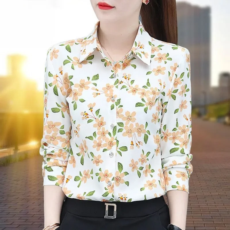 Spring Autumn Turn-down Collar Women's Clothing Long Sleeve Button Up Plant&Flowers Printing Cardigan Shirt Casual Elegant Tops