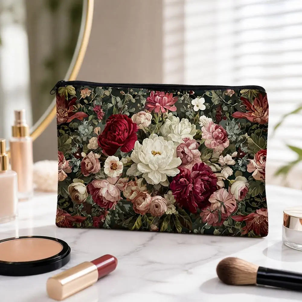 Zipper Closure Makeup Bag Printed Pattern Rectangular Shape Cosmetic Bag Portable Wide Storage Space Toiletry Bag Makeup Storage