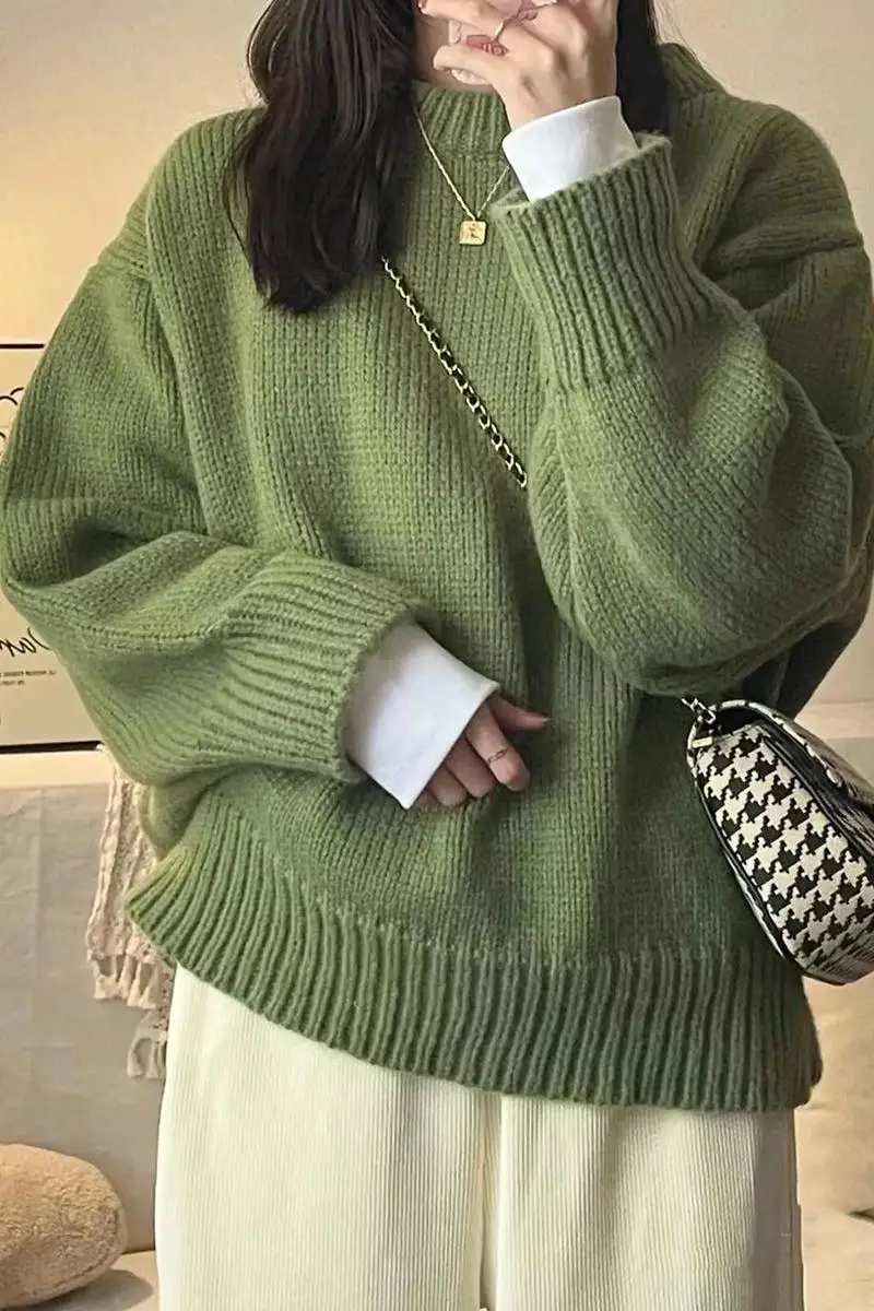 Vintage Knit Sweaters Women Oversized Japanese Casual Pullovers Knitwear Streetwear Green lethargy Jumpers