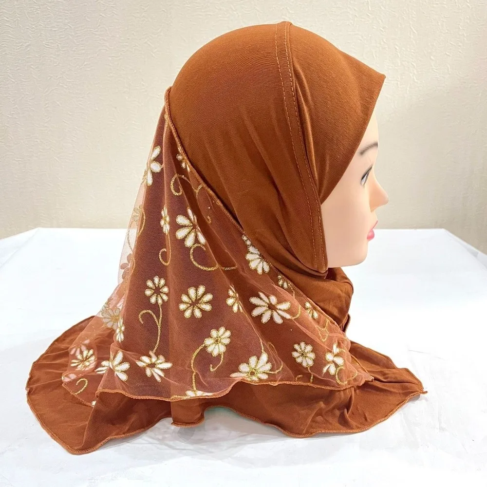 Headwrap Flower Net Small Girl Hijab Pull On Elastic Solid Instant Headscarf Cotton Mesh Kids Turban Cap Ramadan