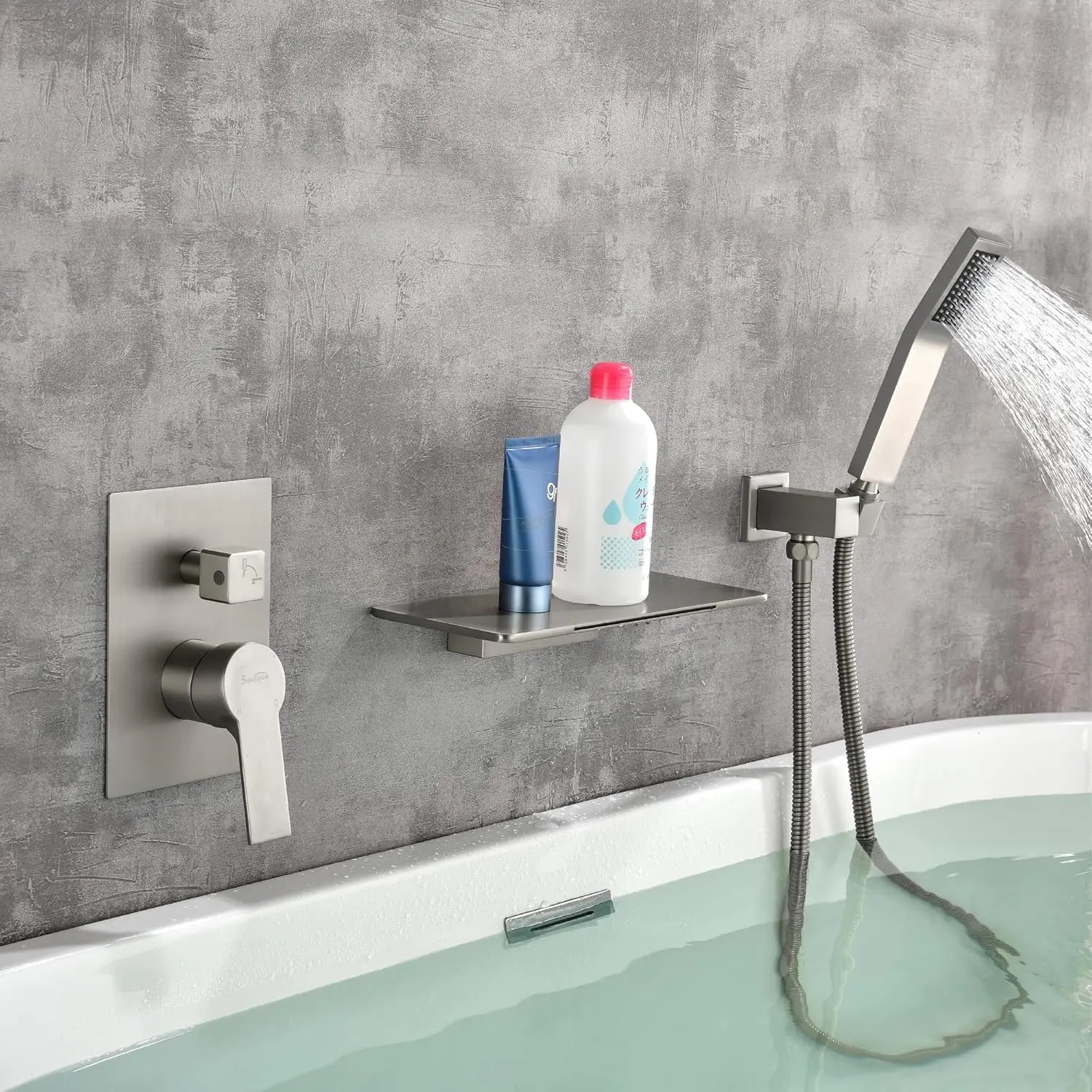 Waterfall Bathtub Faucet with Sprayer Wall Mount Tub Filler with Hand Shower Single Handle Tub Faucet Handheld ShowerHead