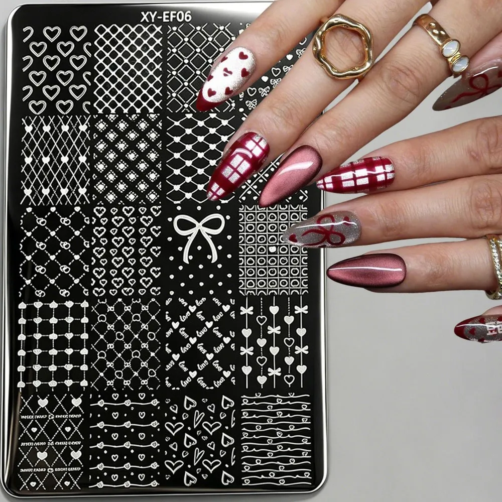 1 unidad de placa de estampado 3D para uñas con diseño de lazo/corazón, 9*15cm, plantillas de estampado de uñas de acero inoxidable con diseño a cuadros y francés, herramientas de manicura