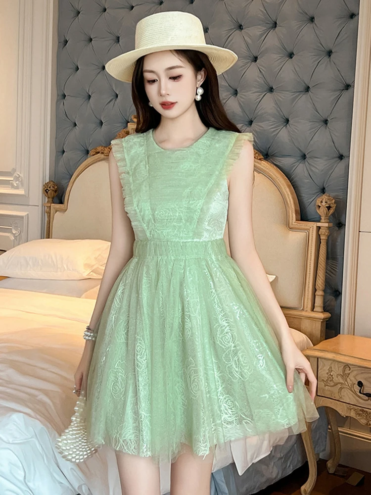 Vestido de fiesta francés elegante para mujer, vestido de baile verde transparente de encaje corto, hermoso