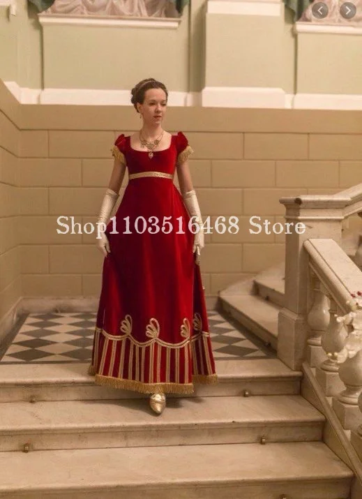 Vintage Fluffy Victorian Prom Dress Red Square Neck Bust Tie Applique Embroidered A-Line Long Renaissance Evening Gowns