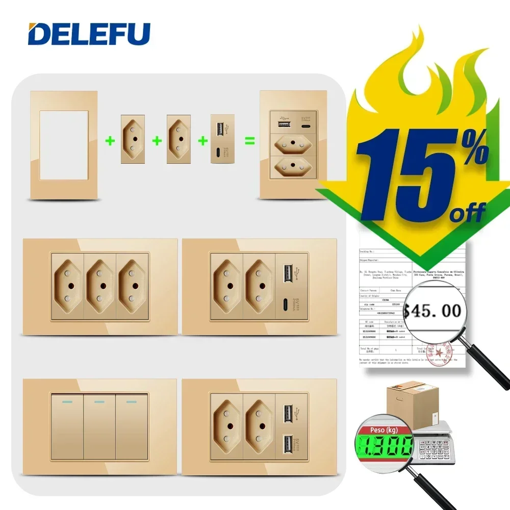 

DELEFU Gold Tempered Glass Panel Tpye-c USB Brazil Standard Wall Socket Package, 3gang Wall Switch, More Discounts.