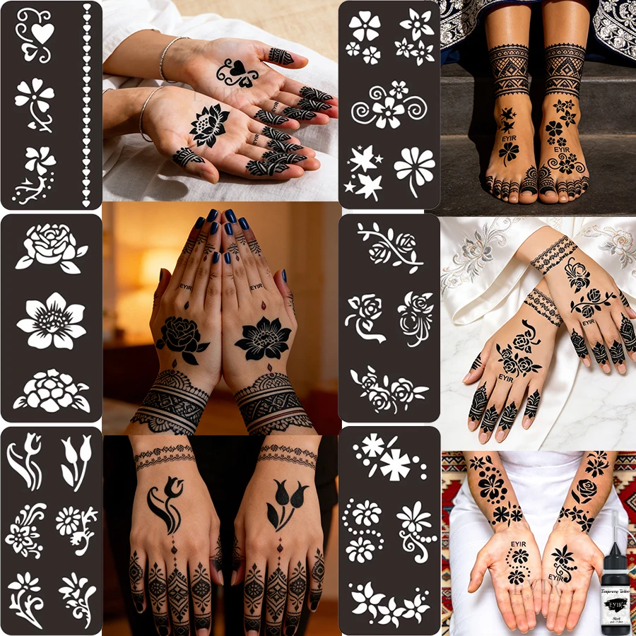 EYIR 5 Colors Henna Tattoo Paste Kit with Reusable Stencils Temporary Mehndi Ink Waterproof Hand Body Art DIY Tattoo Set