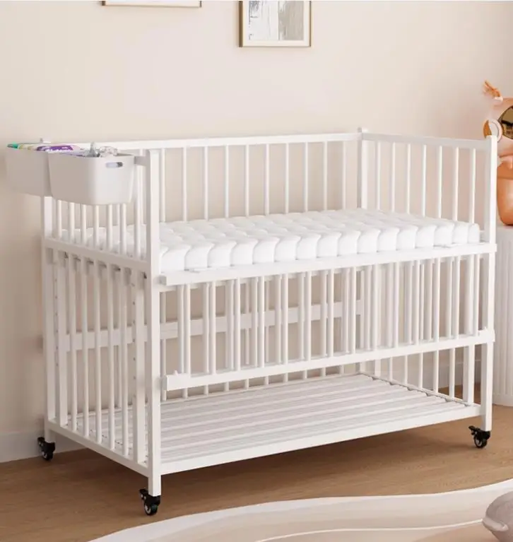 

Iron Crib Queen Bed with Elevator Guardrail Fence Ergonomic Metal Baby Bed Portable and Adjustable with Storage Features