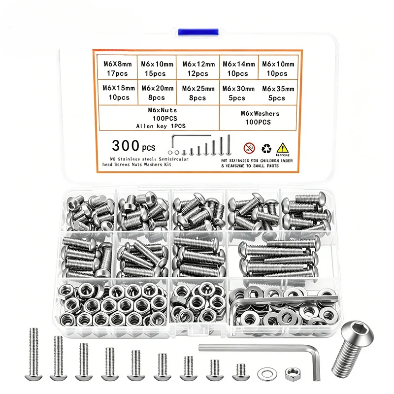 Kit assorti de 300 vis à tête hexagonale, boulons et écrous en acier inoxydable 304 M6, avec vis à tête plate et à tête ronde, en boîte.