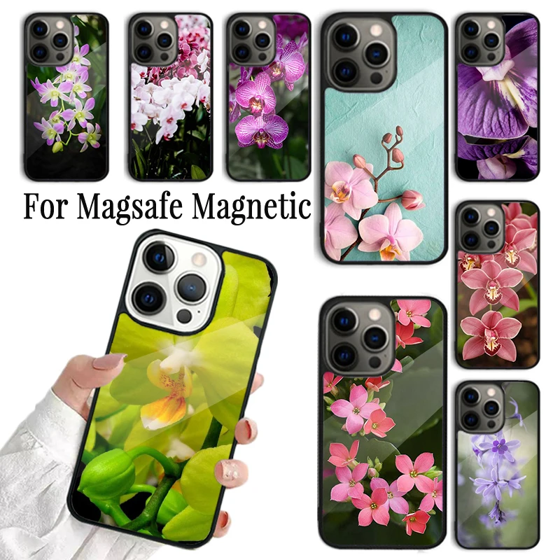 Coque Phone Case For iPhone 16 15 14 13 12 Mini 11 Pro Max Plus Magsafe Magnetic Wireless Charging Cover Orchid Flowers Soft