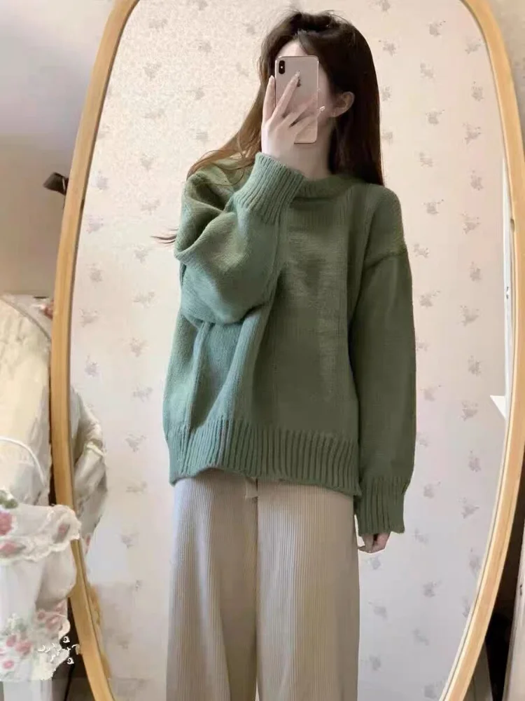 Pulls Baggy monochromes pour femmes, tricots décontractés, manches longues, vêtements côtelés, vert, élégant, charmant, esthétique, tout match,