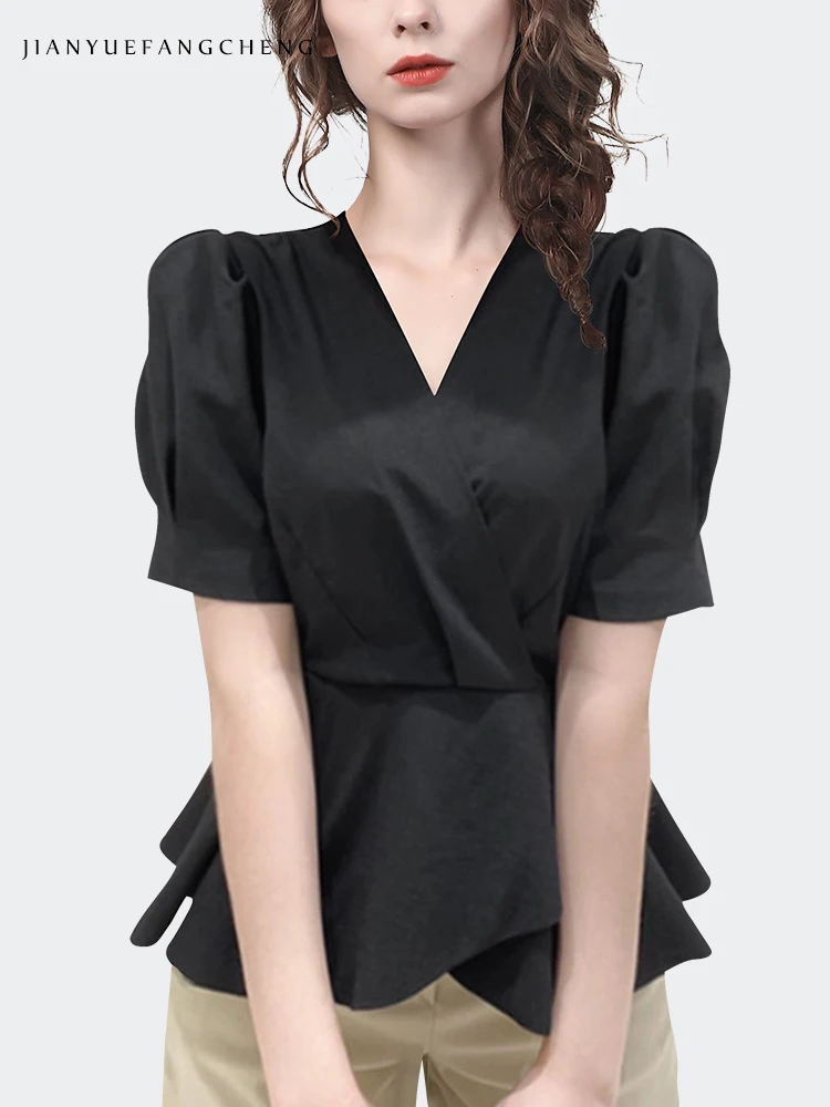 Elegant Women Summer Puff Sleeve Shirt Solid Color Crossed V-Neck Patchwork Slim Top Fashion Chic Skirted Tunic Shirts