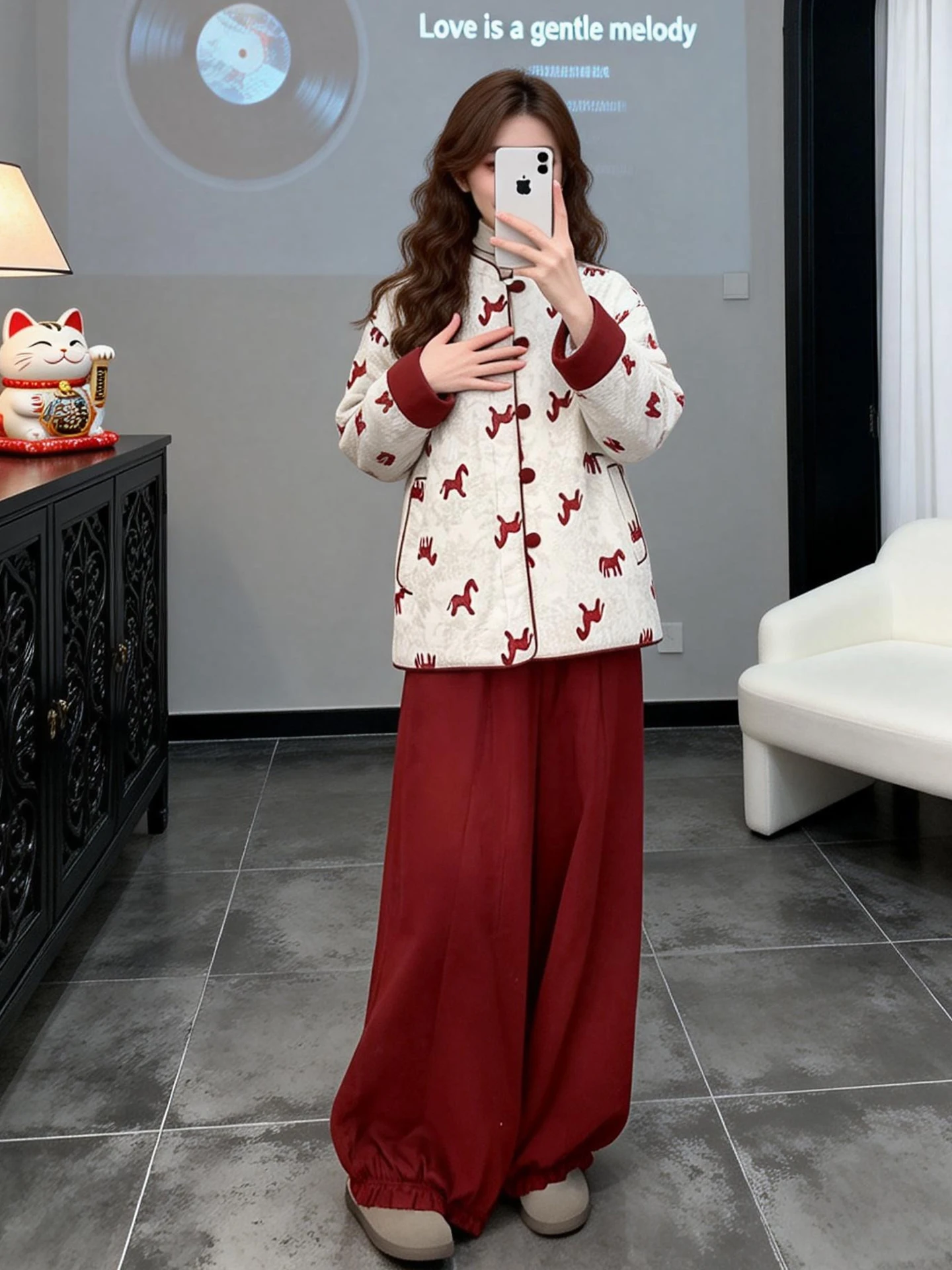 

Double-Sided Wear Cotton Jacket Women's Winter Fashion Set Floral Print Loose Fit High Waist Pants Casual Style Thickened Coat