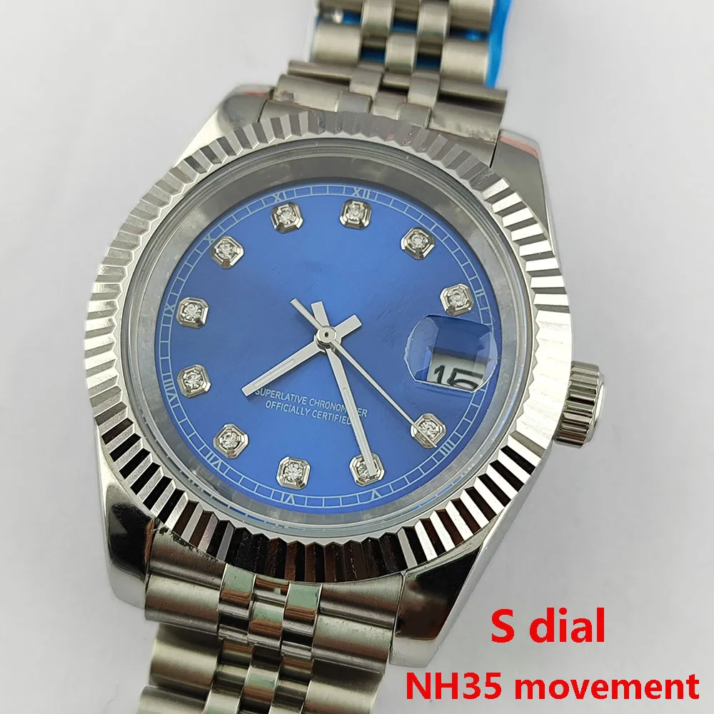 NH35-Uhr S-Zifferblatt 36 mm/39 mm NH35-Zifferblatt, geeignet für NH35 NH36-Uhrwerk, Saphirglas, eingelegtes Diamant-Zifferblatt für Herren