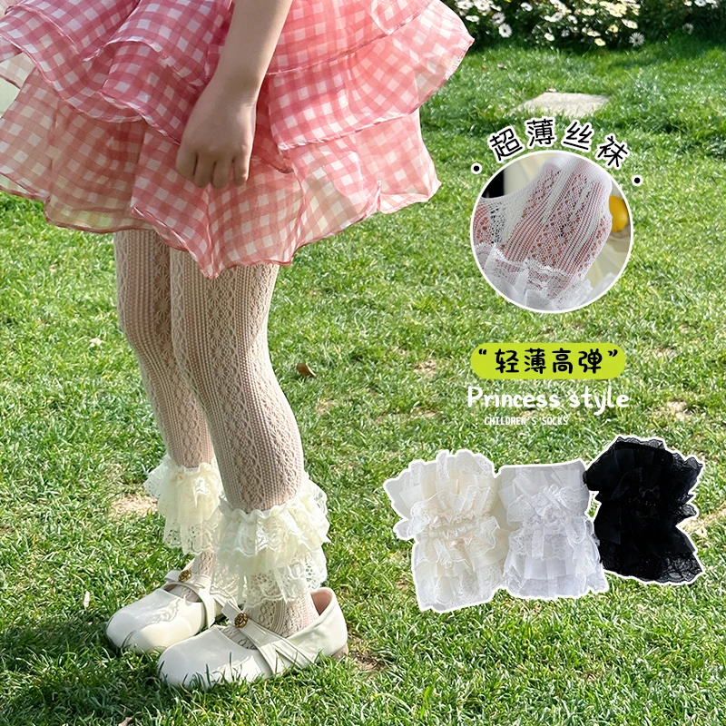 Kids Summer 3-Layer Snowflake Lace Mesh Footed Tights Breathable Hollow Design Soft Stretchy Lightweight Elastic Waist Pantyhose